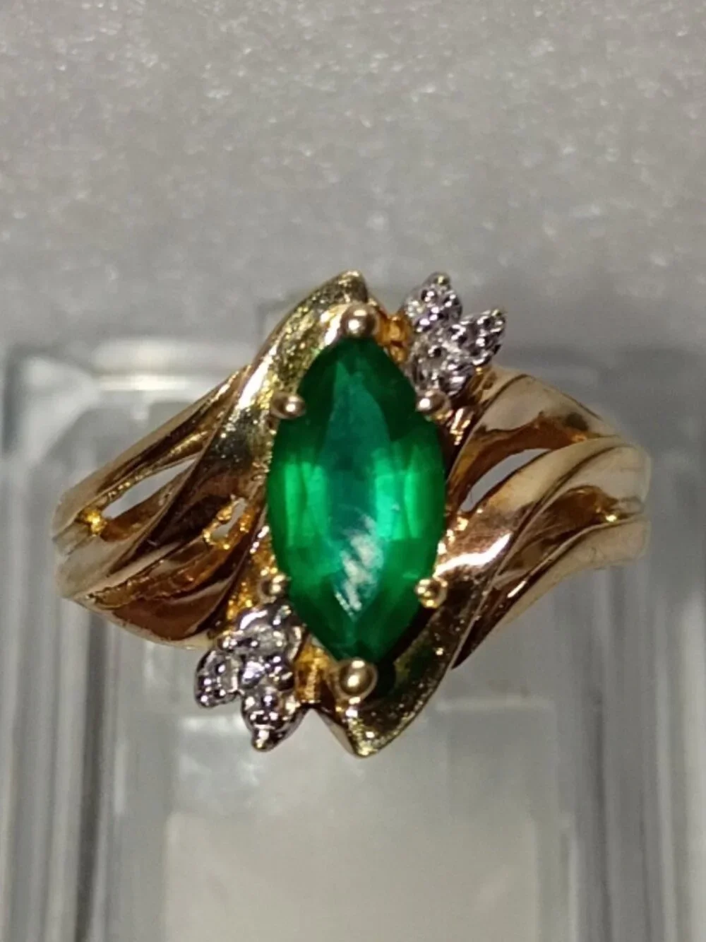 10Kt Two-Tone Gold Marquise Lab-Emerald Ring with Diamond-Accent
